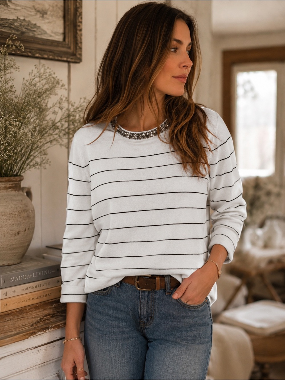 White House Black Market Beaded Neckline Sweater ~M~ White Black Stripe, #858CL